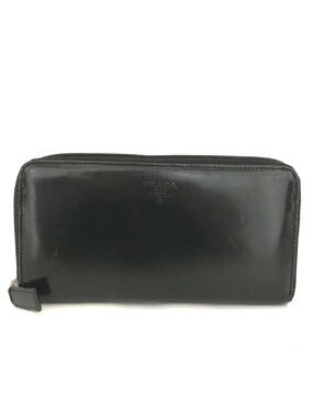 Authentic Prada Black Spazzolato Patent Leather Zip Around Long Wallet👝